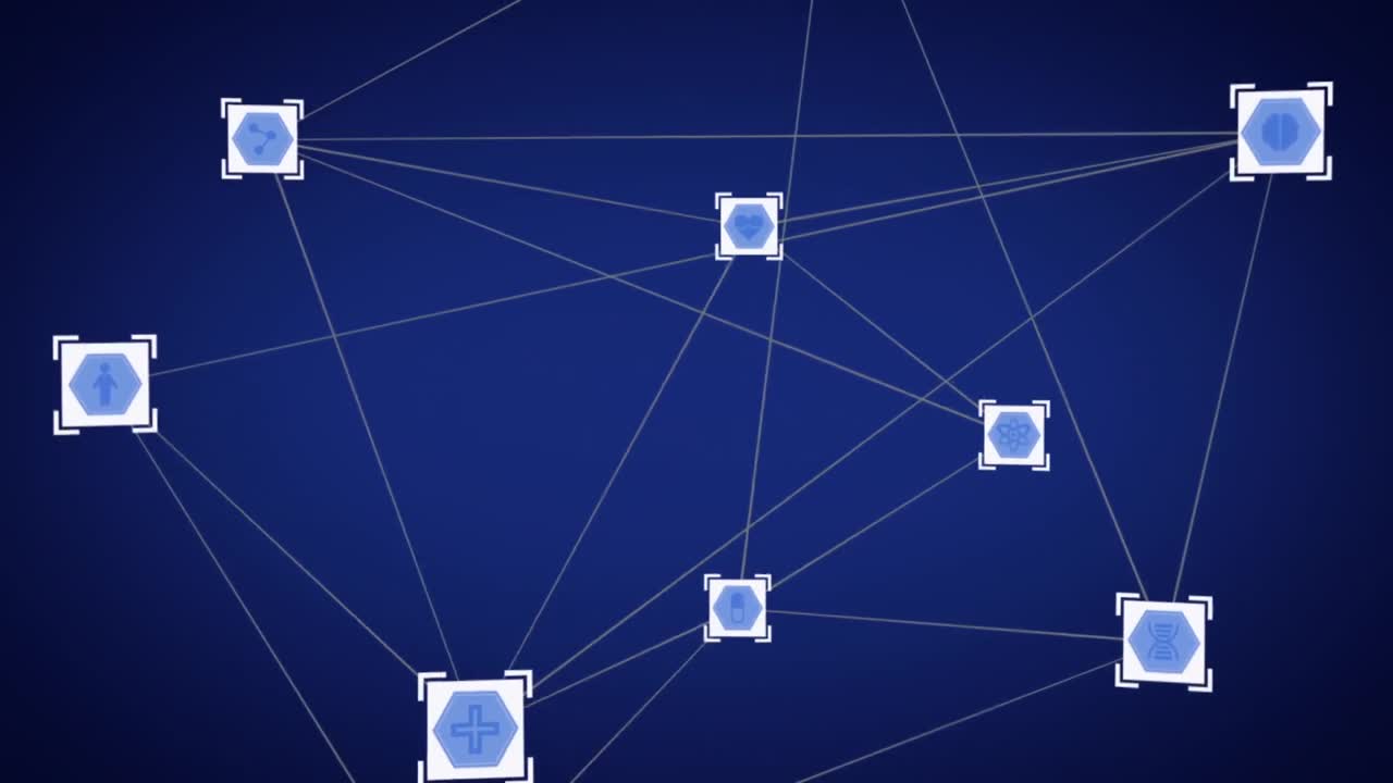 animación de la red de conexiones con iconos digitales flotando sobre un fondo azul