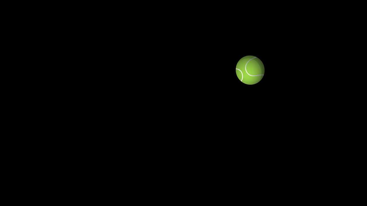A single green tennis ball bounces dynamically across a black background, following a smooth, arcing path with realistic squash and stretch effects