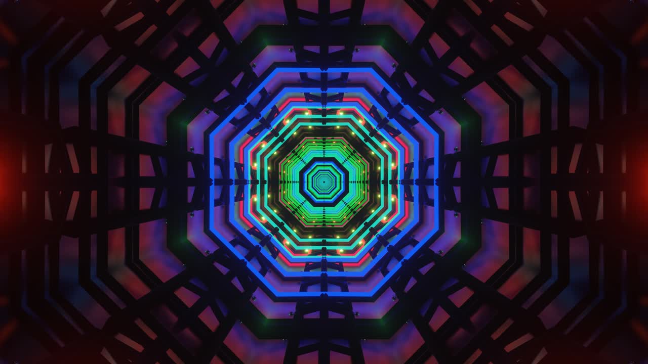 A colorful abstract display featuring intricate geometric patterns that continuously shift and rotate