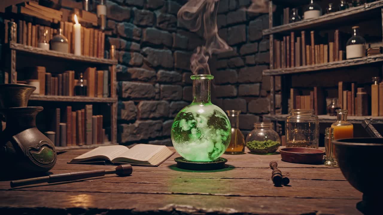 Cozy medieval study with rustic shelves and stone walls, captured at an eye-level angle
