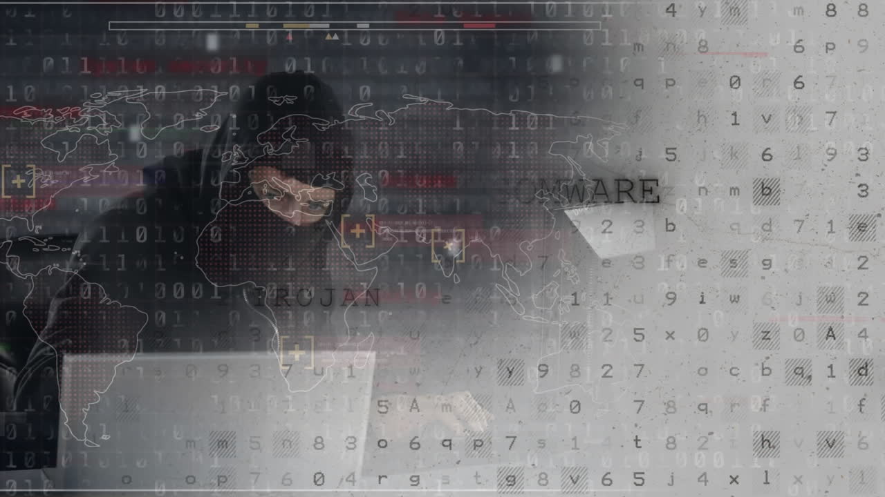 animación del procesamiento de datos sobre un hacker caucásico