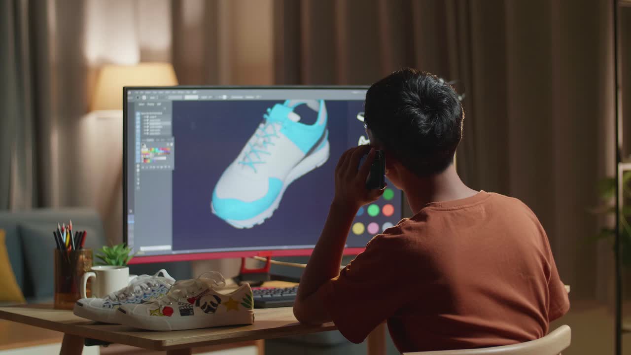 joven diseñador trabajando en el diseño de zapatos en casa