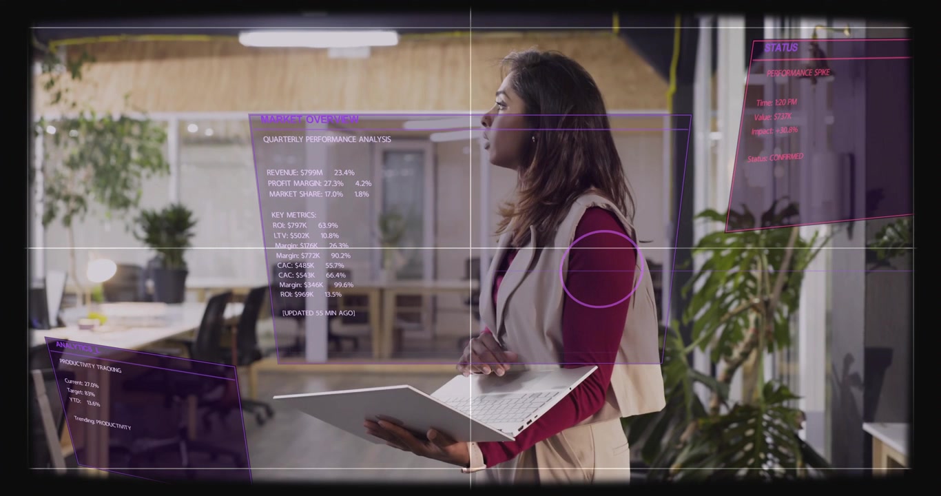 Analyst tapping tablet, causing holo charts showing Quarterly Analysis panel, rotating, analyzing