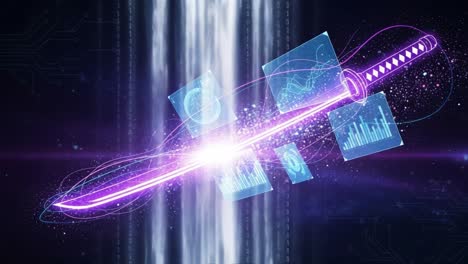 a futuristic sword surrounded by holographic data displays in a high-tech digital space, symbolizing the fusion of technology and warfare