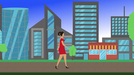 women walking cycle loop around of city background, flat cartoon design animation