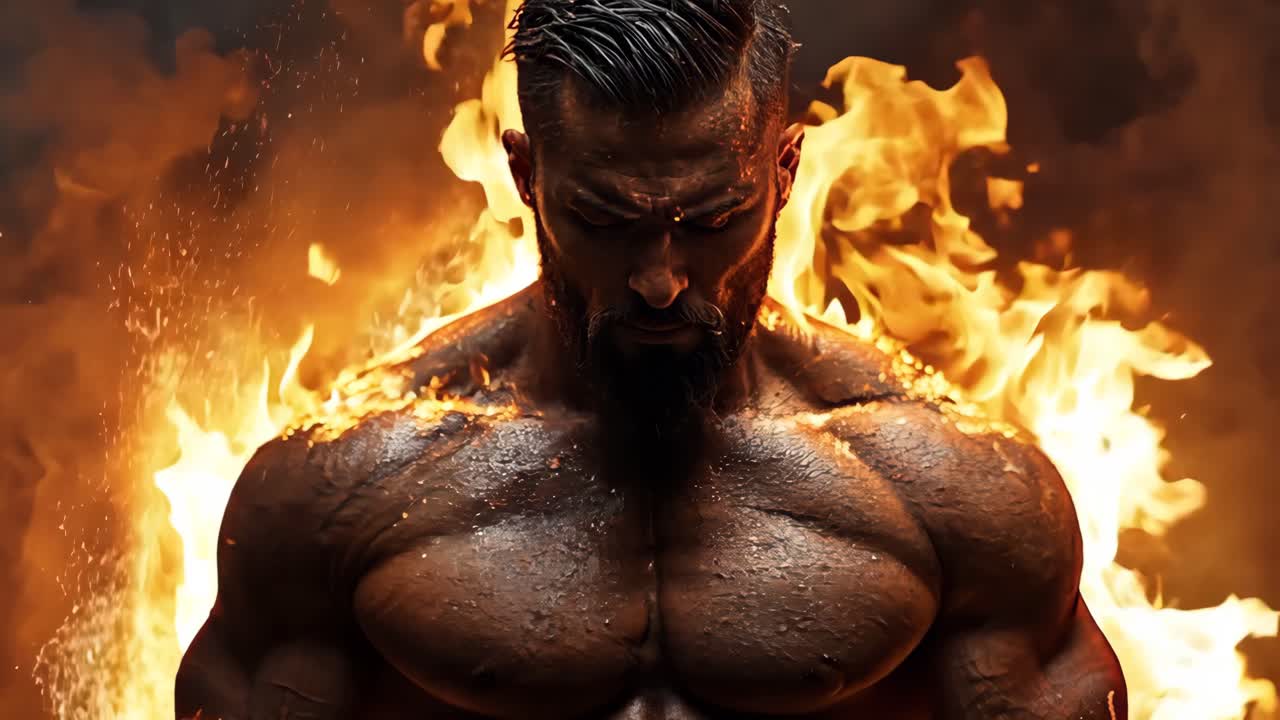 A man with a muscular body is standing in front of a fire. The fire is orange and yellow, and it is surrounded by smoke. The man's muscles are visible, and he looks strong and confident