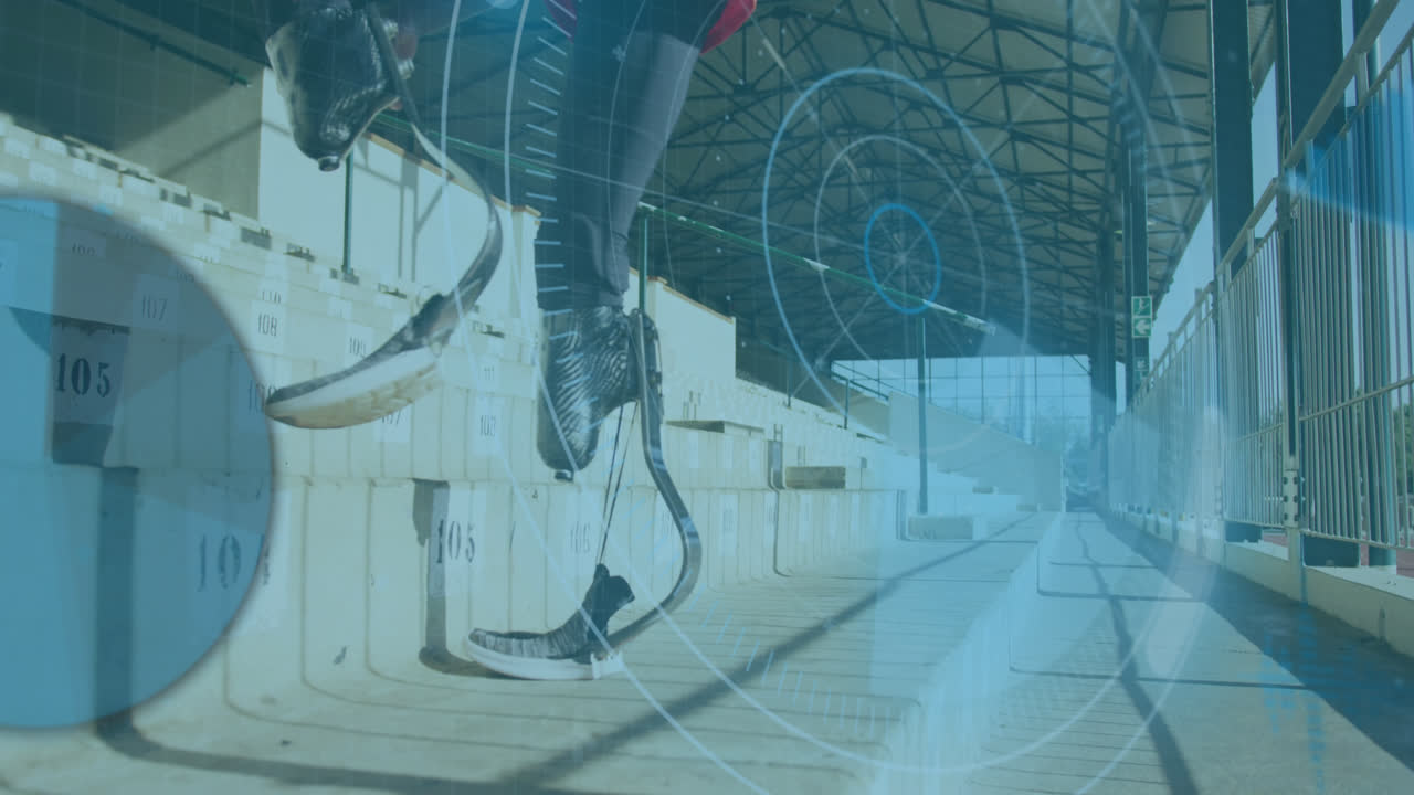 프로세싱 서클과 디지털 스크린의 애니메이션 아프리카계 미국인 남성이 달리는 칼날을 가지고 있습니다.