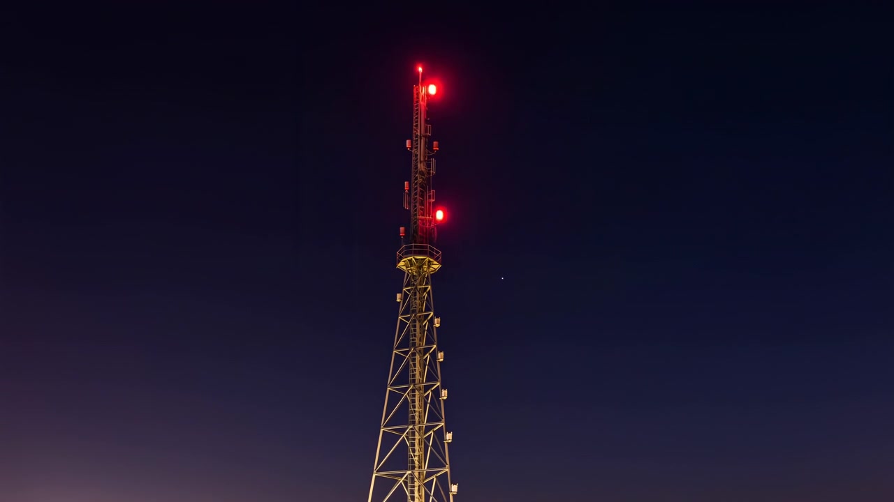 Torre di telecomunicazioni centrata nella notte profonda, illuminata di giallo caldo contro un cielo scuro quasi vuoto. Luci di avvertimento rosse brillanti segnano la struttura superiore, mentre una vista dal basso enfatizza l'altezza, l'isolamento e l'ambiente urbano.
