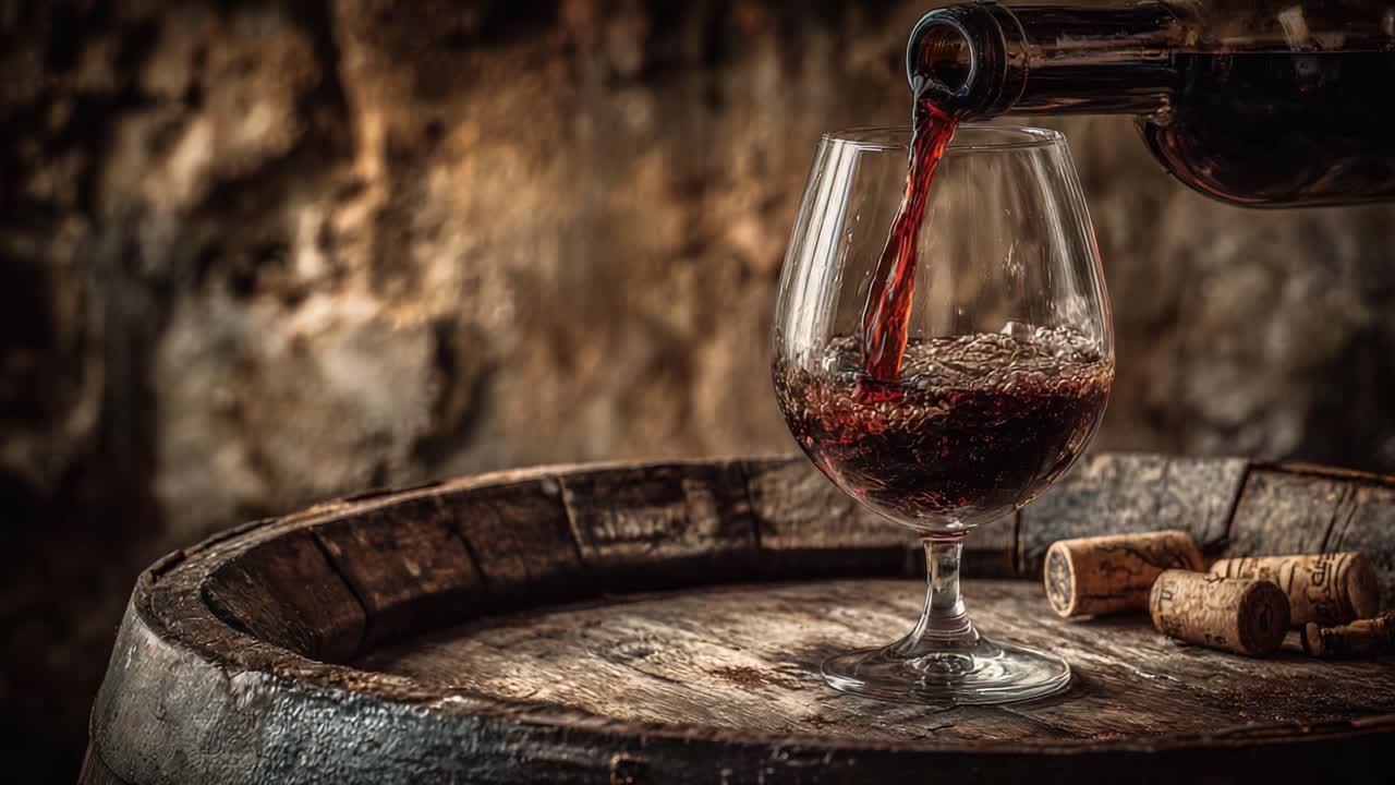 Uma imagem em close-up de um rico vinho tinto sendo servido em uma taça de cristal sobre um barril de madeira rústico, mostrando a elegância e a beleza da cultura do vinho em um ambiente com pouca luz