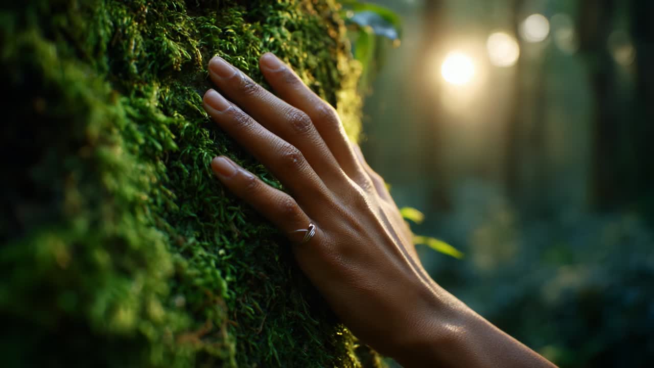 A Serene Connection with Nature: A Close-Up View of a Hand Gently Touching Lush Green Moss on a Tree, Illuminated by the Soft Glow of the Setting Sun in a Tranquil Forest Environment