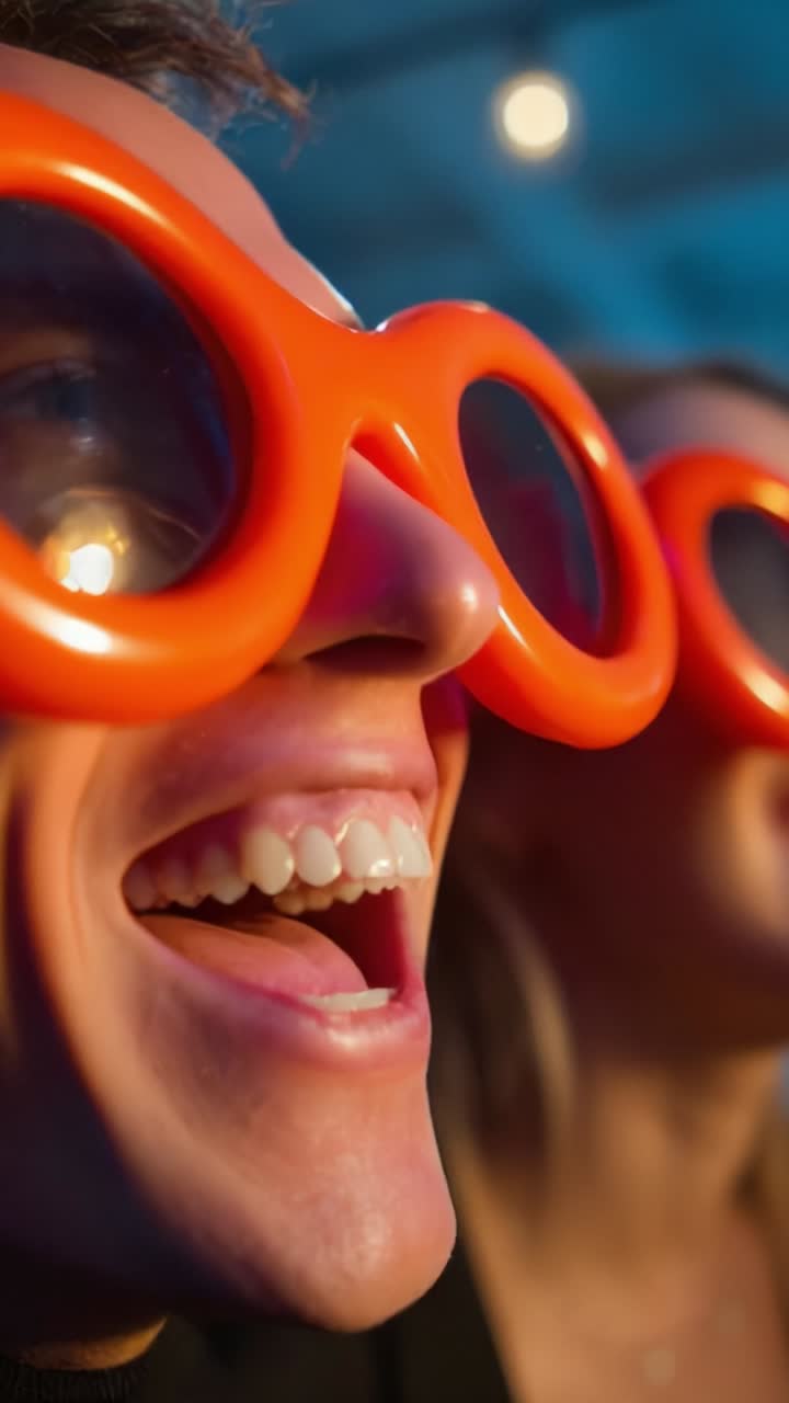 Joyful expressions captured in close-up with vibrant orange glasses, highlighting the excitement and fun during a joyous celebration or event shared with friends