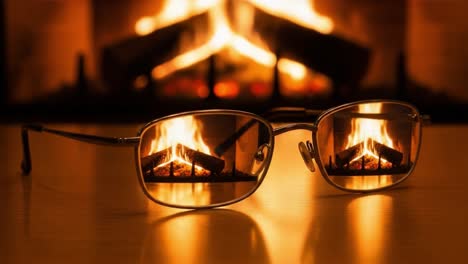 reflections of warmth: a cozy fireplace scene captured through stylish eyewear, emphasizing comfort and relaxation in a homey atmosphere