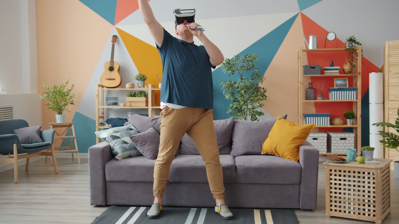 Man Singing and Dancing in VR Headset at Home