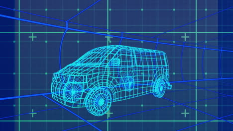 digital car drawing and data animation on a blue grid showcase global tech.