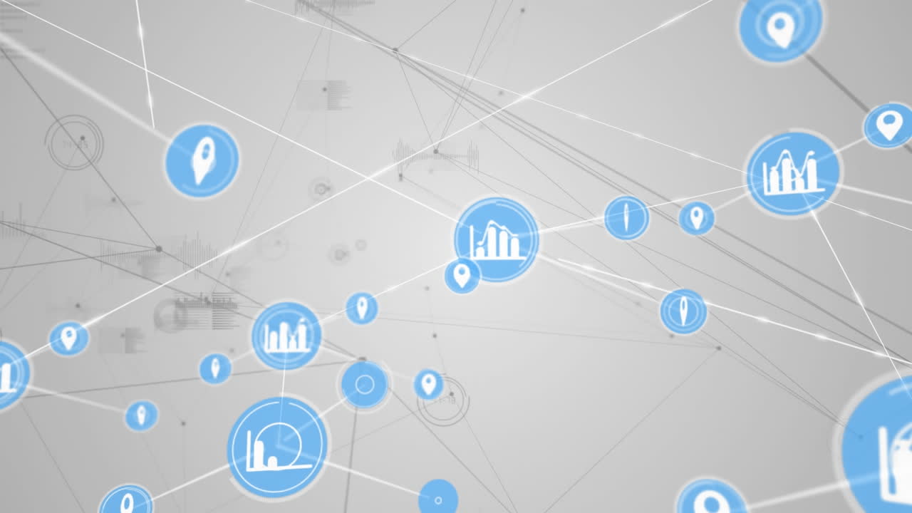 Animation af et netværk af digitale ikoner og databehandling mod en grå baggrund.