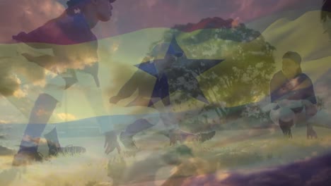 Animation-Der-Flagge-Ghanas-über-Verschiedenen-Rugbyspielerinnen