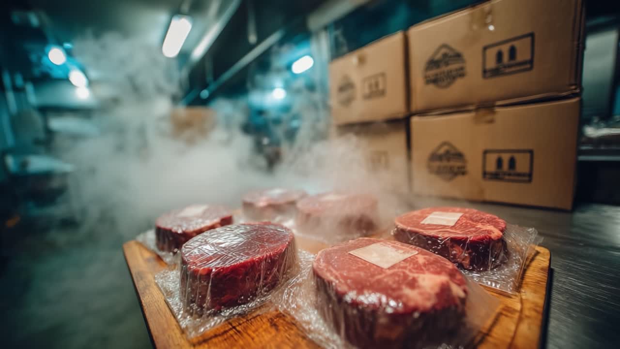 Fresh Cuts of Premium Steak Wrapped in Plastic, Ready for Cooking in a Steamy Commercial Kitchen Environment Focused on Culinary Excellence