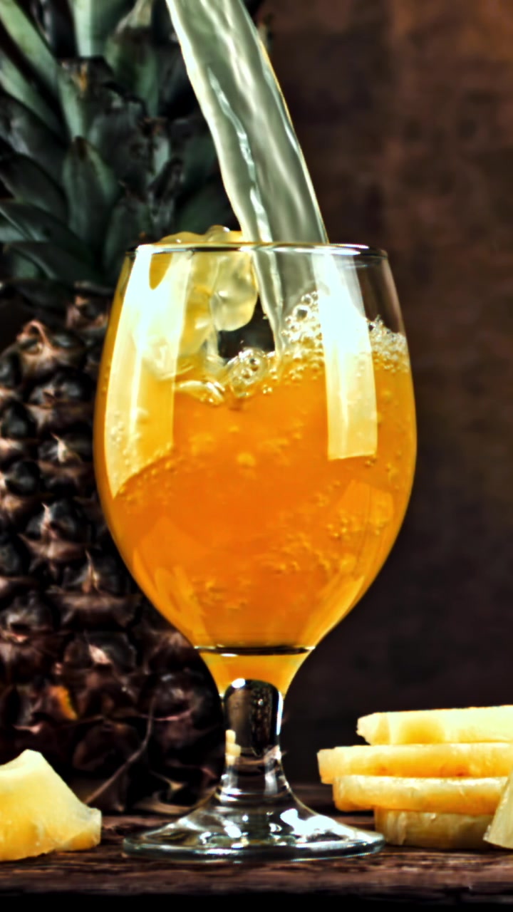 Succo d'ananas fresco versato in un bicchiere al rallentatore