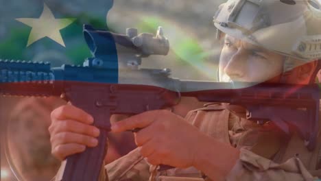 animación de la bandera de chile sobre un soldado caucásico apuntando con un rifle