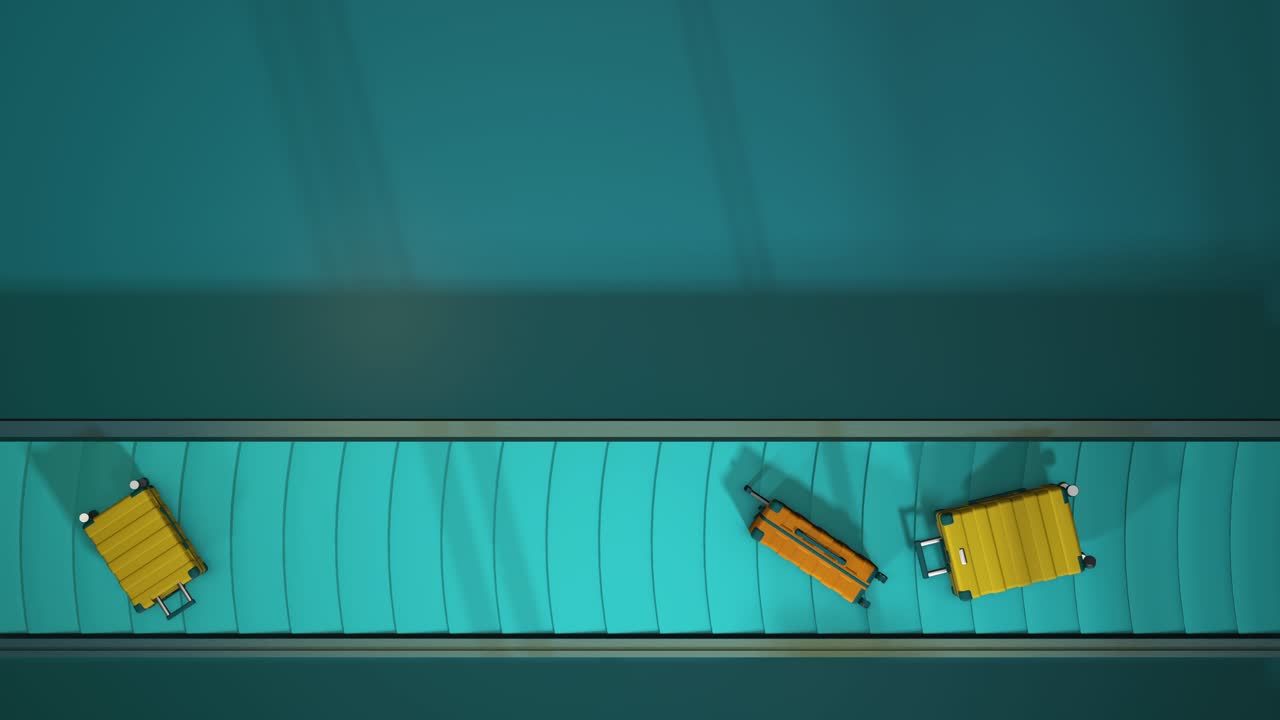equipaje que se mueve en la cinta transportadora del aeropuerto vista aérea loopable. animación 3d realista. maletas de colores jrange y amarillos. piso claro. minimalismo azul. horizontalmente