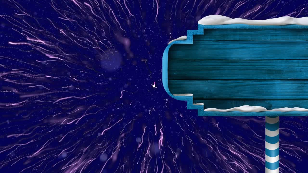 animación de nieve cayendo sobre fuegos artificiales explotando y cartel de madera de navidad con espacio de copia