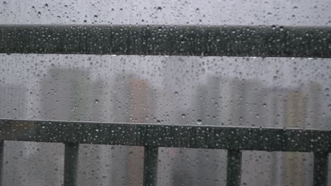 Water-droplets-on-transparent-window-with-skyscrapers-in-background,-bokeh