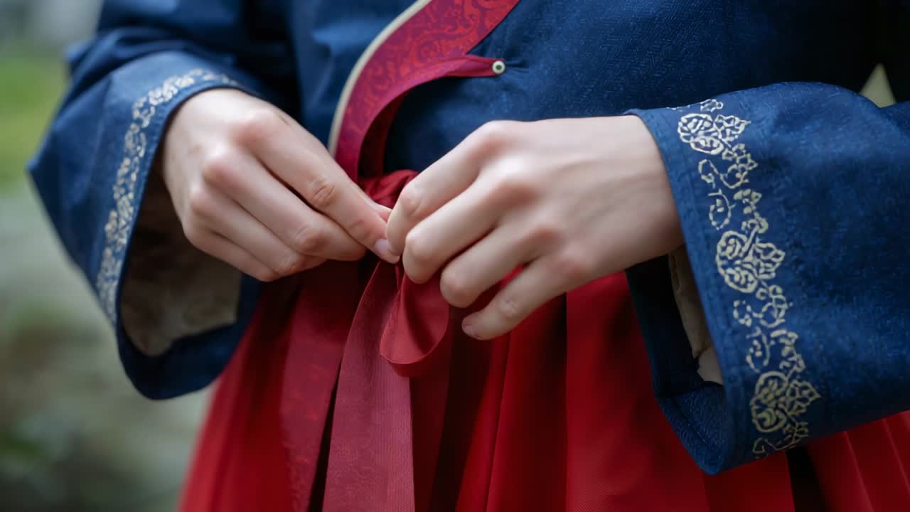 느슨한 고리부터 시작하여, 정원에서 빨간색 띠를 매고 의식을 위해 파란색 화려한 재킷을 입은 여성