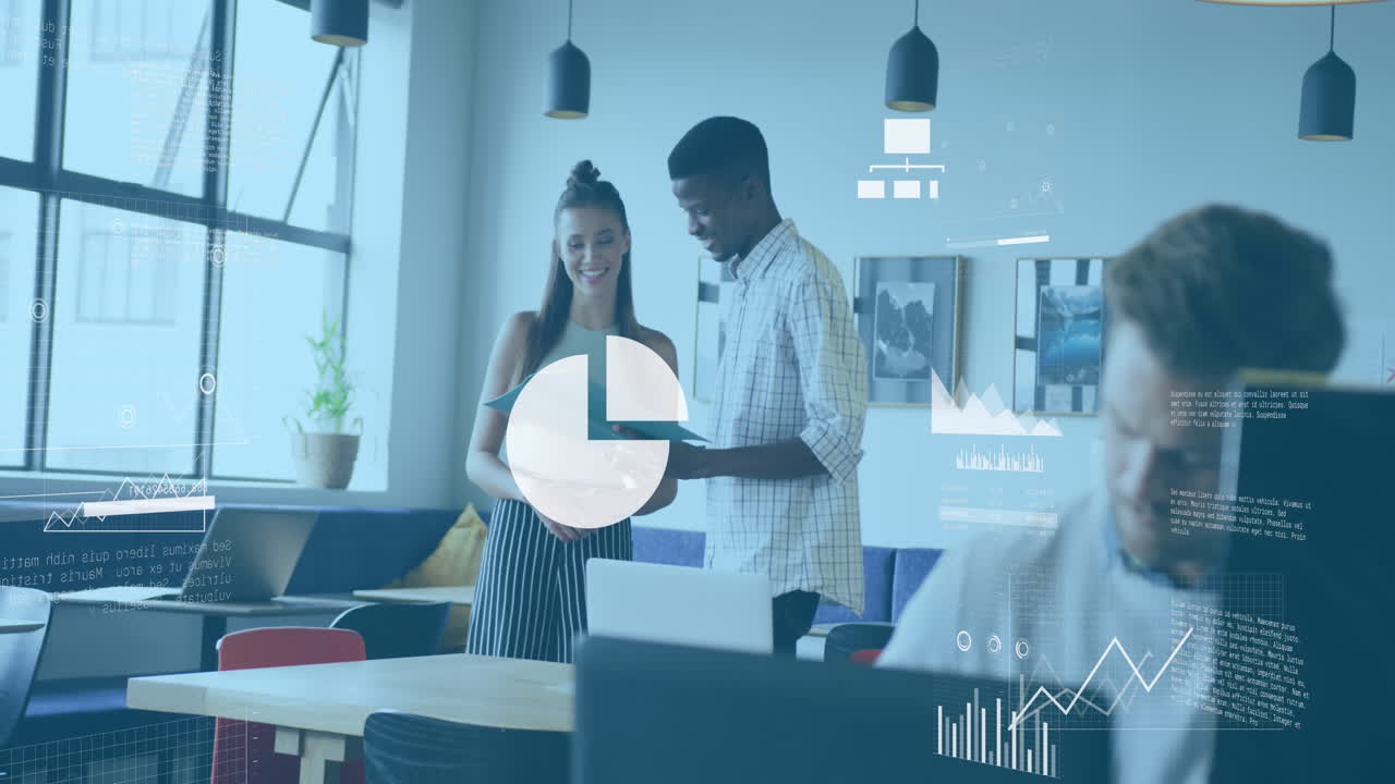 Animation of graphs, map, cloud in laptop over diverse coworkers discussing reports in office