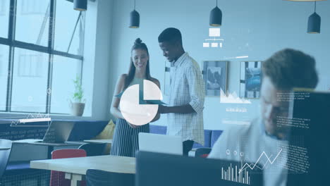 animation of graphs, map, cloud in laptop over diverse coworkers discussing reports in office