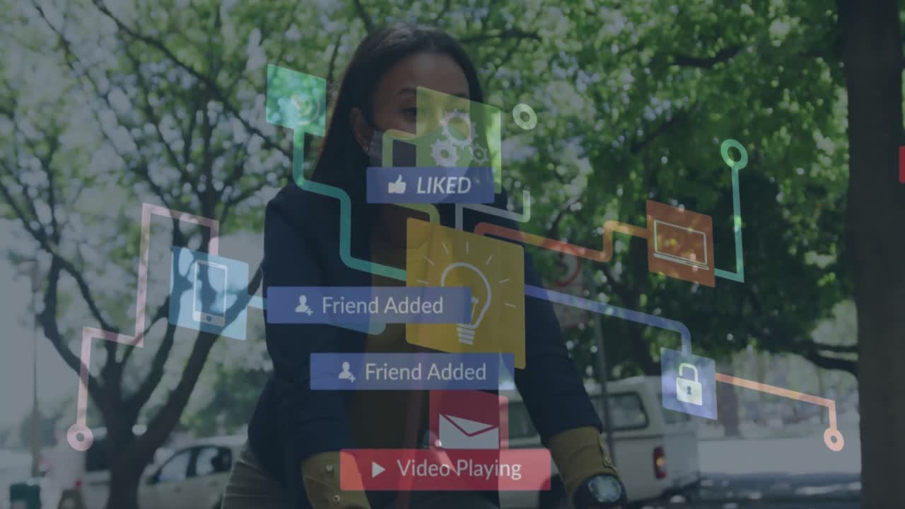 Animation of colorful social media notifications and computer icons over woman riding bicycle