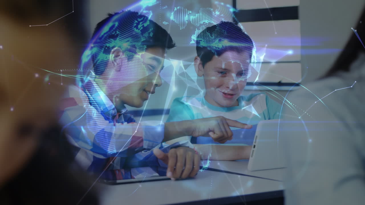 학교에서 기술을 사용하는 행복한 다양한 학생들에 대한 연결의 활성화