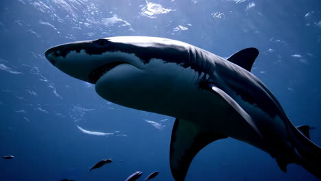 great white shark swimming in blue ocean water