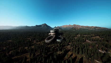 neumáticos de coche abandonados en las montañas