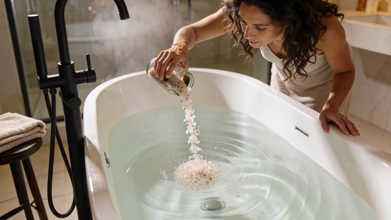 Pouring woman leaning tilting jar of bath salts into freestanding tub at home, robed preparing soak