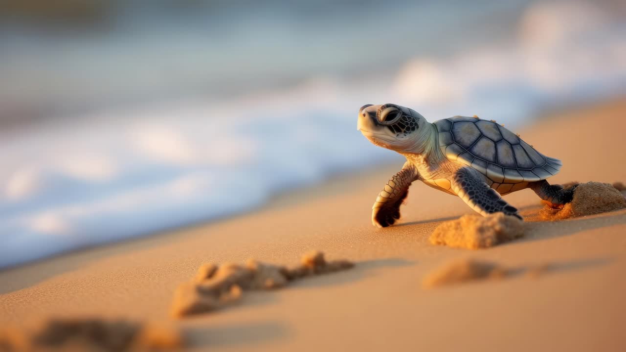 A close-up, low-angle shot of a baby turtle on a sandy beach, capturing its journey to the ocean