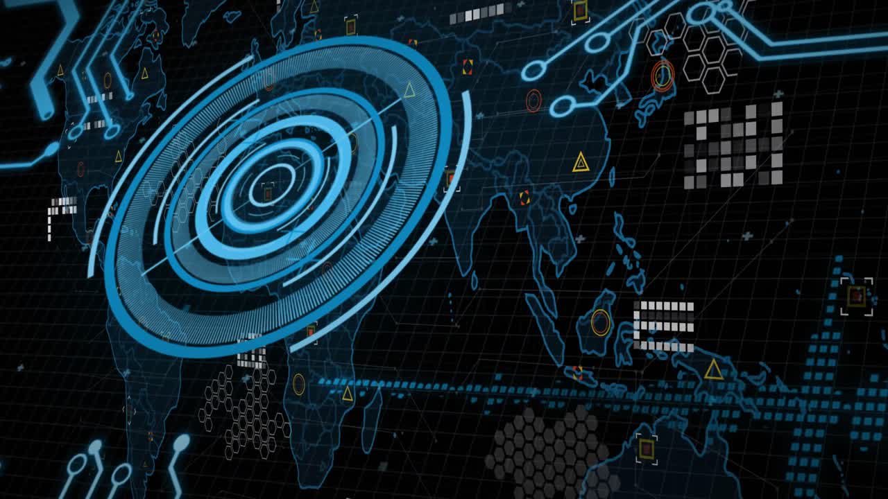 Animation of data processing and world map over black background