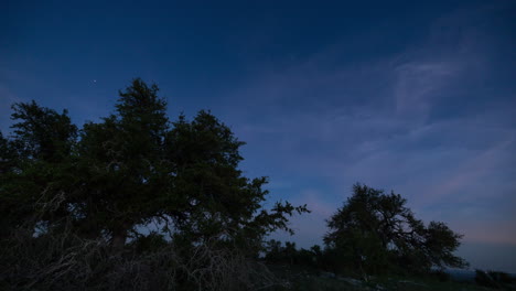 Sunset-Timelapse-on-a-hillside-with-a-tree-in-a-pasture-that-turns-to-night-as-the-stars-come-out