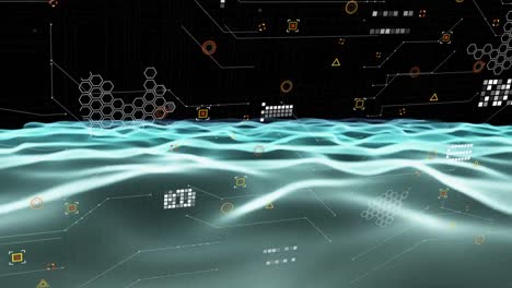 Animación-Digital-Del-Procesamiento-De-Datos-Sobre-Ondas-Digitales-Azules-Sobre-Fondo-Negro