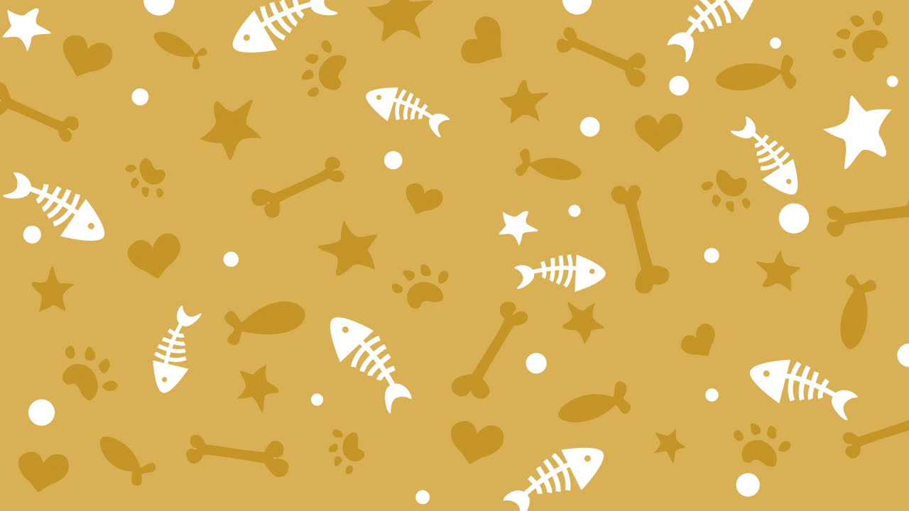 Animated flat pattern on a zoological theme. Hand drawn silhouettes of heart fish bone icons. Looped motion graphics.