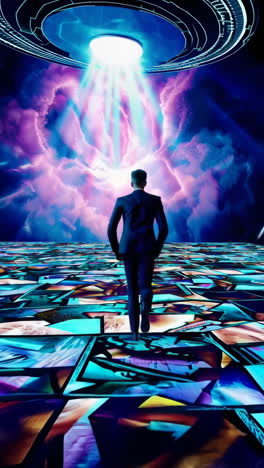 man in suit walking towards a glowing sci-fi portal