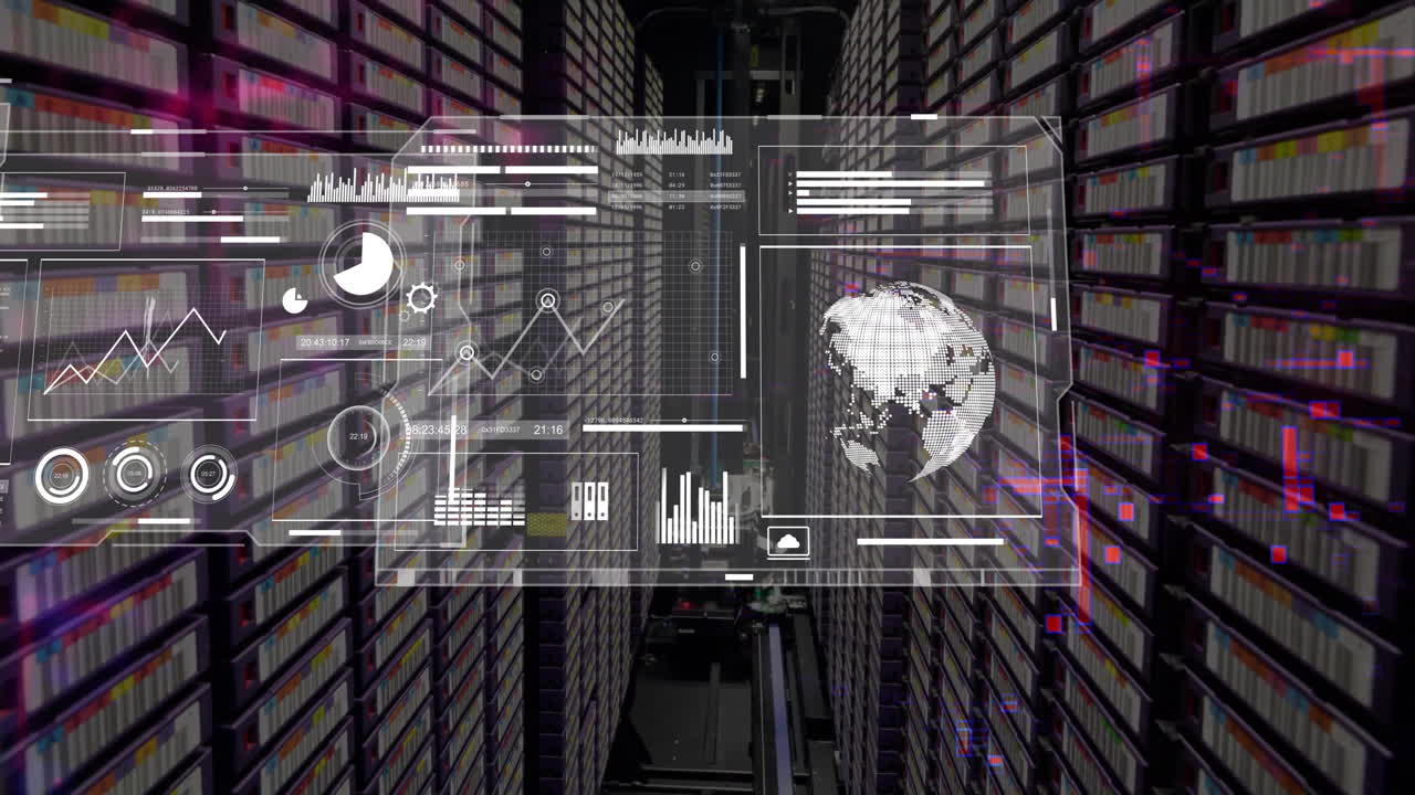 Animation of business icons and digital data processing over computer servers