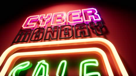 cyber monday sale neon sign on a glossy red wall with reflections, colorful neon lights changing colors and blinking, 3d animation camera zooming out from below