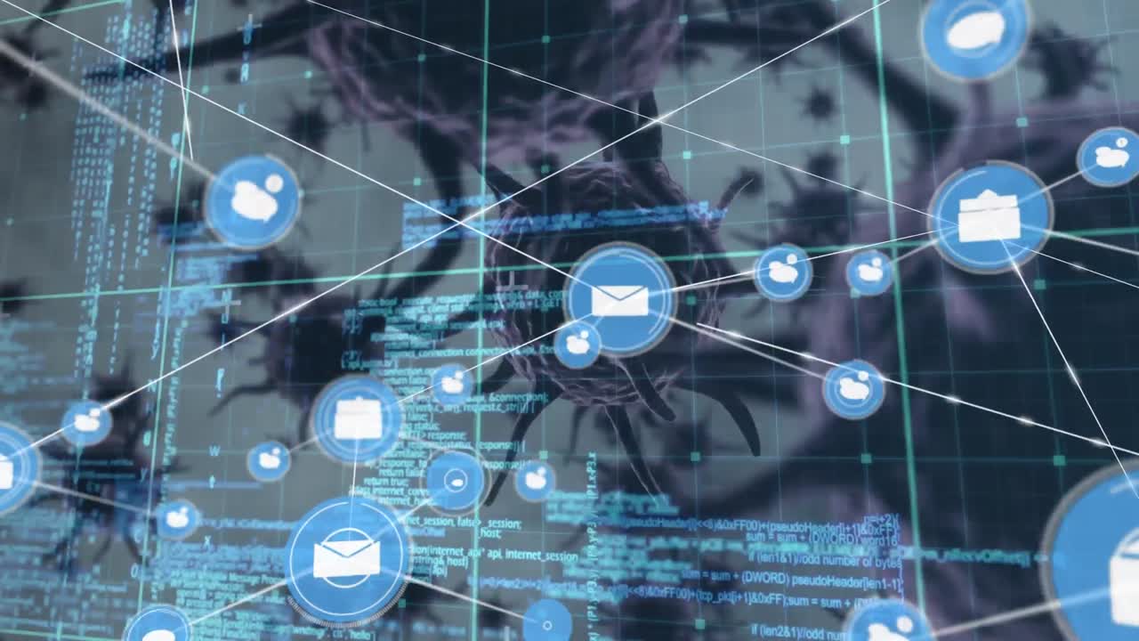 백색 배경에 코로나 세포에 대한 연결 네트워크와 데이터 처리의 애니메이션