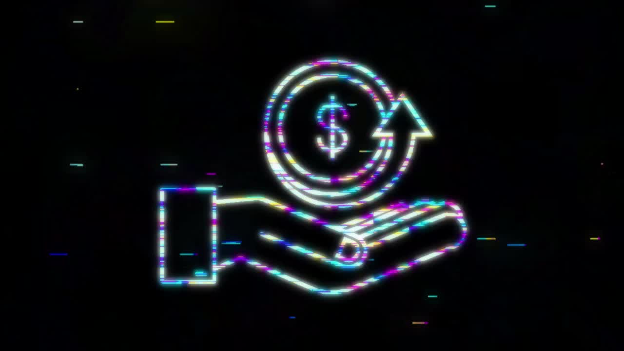 Glitch Cash back coin icon with hand. Cash back or money refund label. motion graphic