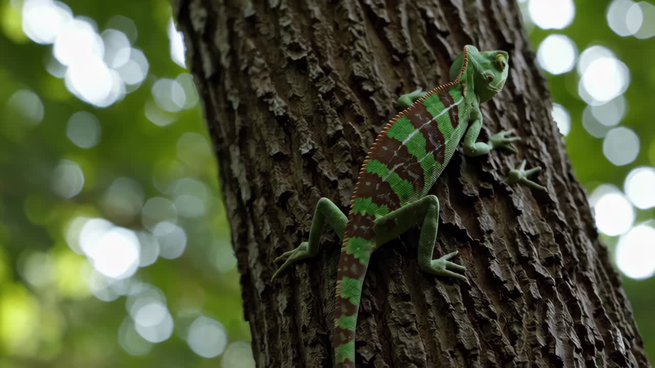 зеленый хамелеон на дереве