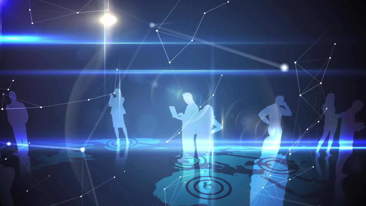 Business people connecting on blue background