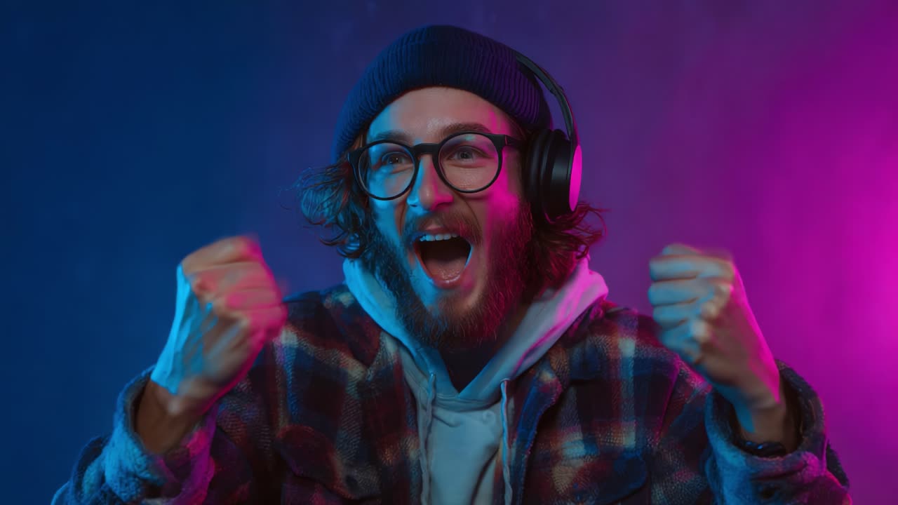 Excited Young Man Celebrating in Stylish Headphones Against a Vibrant Background, Emitting Joy and Enthusiasm with His Fists Pumped in the Air