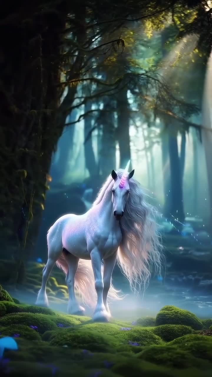 Majestic White Unicorn Standing in an Enchanted Forest with Magical Light