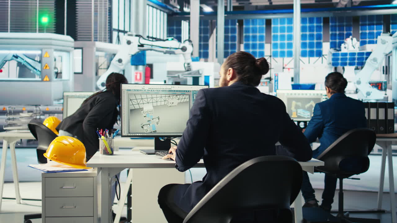 지속 가능한 태양 패널 제조 공장 기술자가 오류를 줄이기 위해 일합니다.