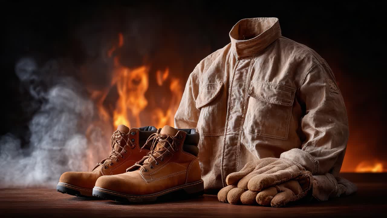 Tampilan Menarik Pakaian Kerja Pelindung: Sepatu Bot Kokoh, Jaket Tahan Lama, dan Sarung Tangan Pengaman Berlatar Belakang Dramatis Api dan Asap.